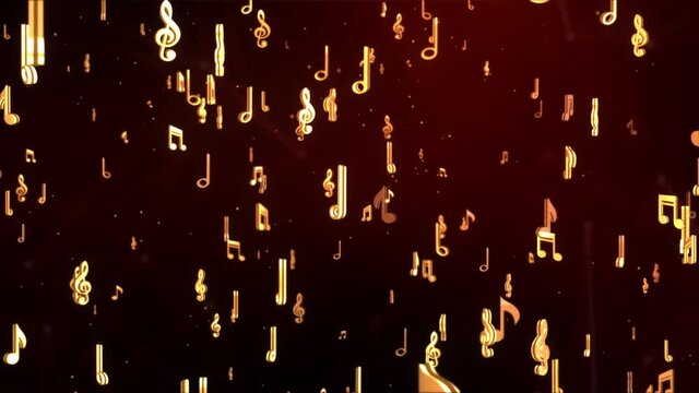 Musical note signs symbols Flying Music notes figures flowing. Golden music Loop background. Music notes and vinyl record disc. Music festival, events, party. Reality Shows, Award Ceremony.