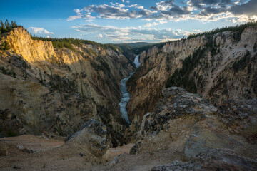 lower falls of the yellowstone national park from artist point at sunset, wyoming, usa