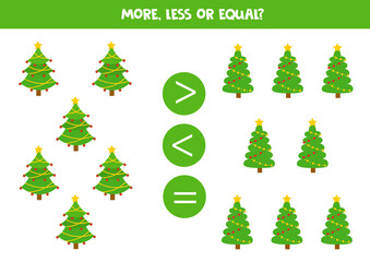 More, less or equal with cartoon Christmas fir tree. Educational math game fir kids.