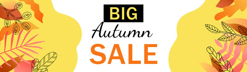 Long banner big autumn sale.Banner with fall leaves, poster, leaflet, flyer, card. Vector illustration.