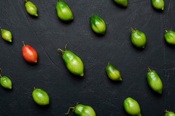 Top view of red and green tomato, different shapes on the black background.Concept of individuality