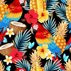 Vector seamless pattern with macaw and fruits - obrazy, fototapety, plakaty