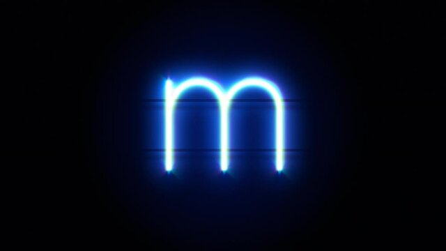 Neon font letter M lowercase appear in center and disappear after some time. Animated blue neon alphabet symbol on black background. Looped animation.