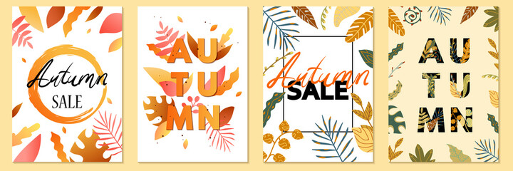 A set of autumn posters, sales and other typographic templates. Posters with fall leaves and handwritten lettering. Set of printed product design. Vector illustration.