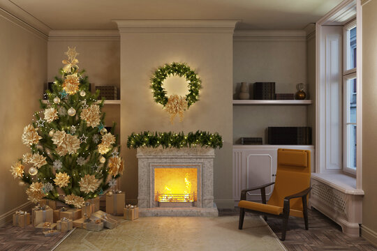 A cozy New Year's interior with gifts under an elegant Christmas tree, with a burning fire in the fireplace, an armchair near the window, shelves with books in the background. Front view. 3d render