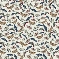 Seamless animalistic yellow pattern with multicolored butterflies