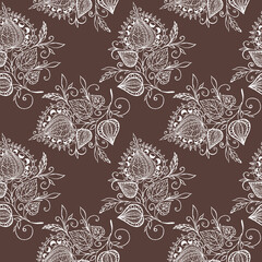 Seamless brown pattern with fantasy flowers
