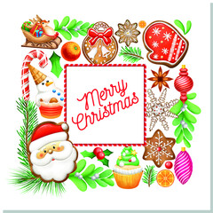 Christmas illustration. Christmas card. Gingerbread. Holiday banners, Christmas toys. merry Christmas.	
