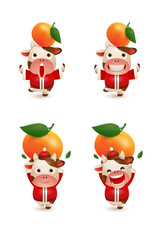 Happy Chinese New Year 2021 year of the ox. Ox with mandarin orange. 