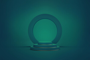 3d render. Abstract green geometric background. Blank round frame with cylinder steps, empty podium, vacant pedestal, minimal stage. Modern showcase mockup with space for product presentation