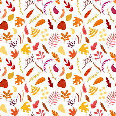 Autumn seamless pattern of bright various fall leaves and branches. Vector illustration.