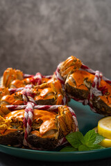 side view fresh cooked crabs vertical composition