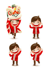 Happy Chinese New Year 2021 year of the ox. Boy and lion dance. 