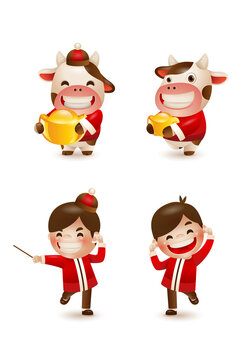 Happy Chinese New Year 2021 year of the ox. Ox with gold ingot and boy. 