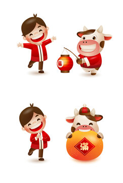 Happy Chinese New Year 2021 year of the ox. Boy and ox with mandarin orange and lantern. 