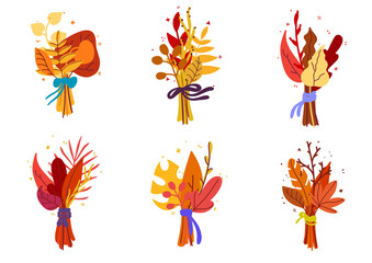 Set of autumn bouquets . Decorative bouquets of colorful autumn leaves. hand-drawn, vector illustration.