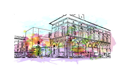 Building view with landmark of Bologna is the capital and largest city of Northern Italy. Watercolor splash with hand drawn sketch illustration in vector. © dhanu3182