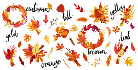 Fototapeta premium A big set of autumn plant decor elements and handwritten lettering. Collection of bright fall leaves compositions, bouquet, wreath. Vector illustration.