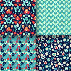 Set of seamless patterns with dinosaur eggs, footprints, abstract textures with blue and red neon. For dino prints of children's textiles, paper for Dino scrapbooking, packaging. Vector illustration.