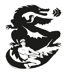 a man sits on a dragon and holds it by the tail