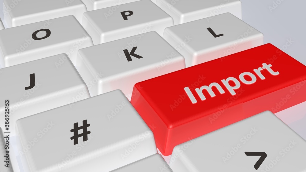 Poster import write on the red key of a white computer keyboard - 3d rendering illustration