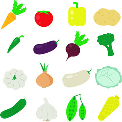 Set of colored vegetables on a white background, vector. Selected cultivated agricultural products. Collecting basic seasonal vegetables.