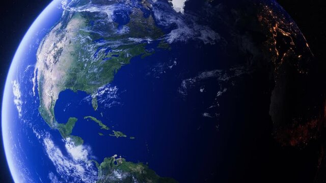 Realistic Earth. Slowly Rotating Earth with Day and Night. City Lights. 3D Animation. Detailed and Natural Textures. View Of Planet Earth From Space. Seamless Loop.