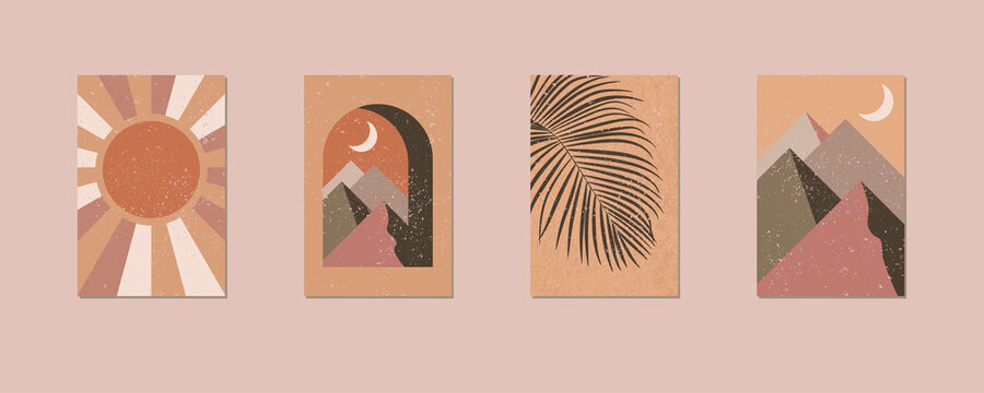 Minimalist geometric terracotta wall art. Abstract landscapes for boho esthetic interior. Home decor wall prints. Soft pastel hues. Arch, sun and moon, palm tree leaf. Contemporary printable vector