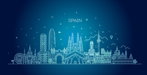 Naklejka premium Spain cityscape, spanish travel city vector banner. Urban silhouette