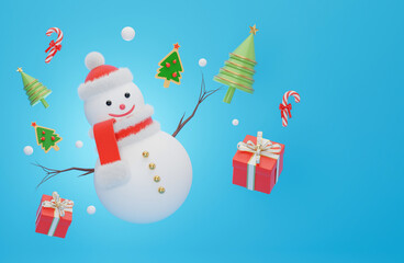 Snowman at christmas on blue background.3d rendering.