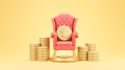 3d render of gold coin on red chair is surrounded by stacked coins