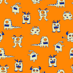 Seamless vector pattern with white monsters on yellow background. Simple cartoon wallpaper design. Crazy fashion textile for children.