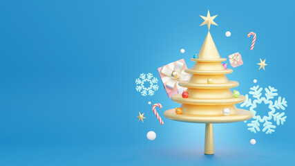3d render of gold christmas tree with decoration