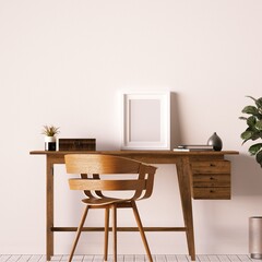 Scandinavian Wooden Work Desk with Objects and Small Frame Mockup.