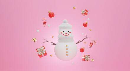 3d render of snowman at christmas on pink background