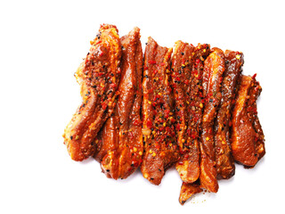 Slices of pork belly marinated with spicy red sous and herb on a white isolated, Meat industry...