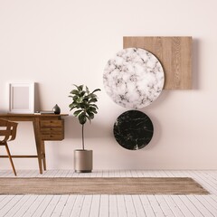 Scandinavian Wooden Work Desk with Small Frame Mockup, Geometric Objects, Indoor Plants and Carpet.