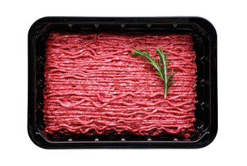 Raw minced meat in a black plastic container isolated on white background.