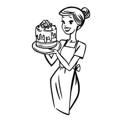 Beautiful smiling woman with birthday cake. Cute housewife in apron holding baked pie. Line art ink drawing. Stock vector illustration on white background.
