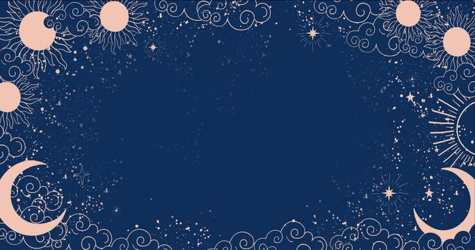 Cartoon background for astrology, tarot, magic and esotericism. Smooth 4K video rendering. Animation of a crescent moon with a face, stars, celestial background.