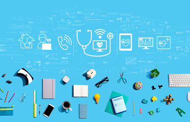 Telemedicine theme with collection of electronic gadgets and office supplies