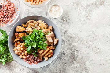 Buddha bowl lunch with chicken and other