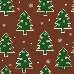 Seamless vector pattern with Christmas tree on brown background. Seasonal winter forest wallpaper design. Traditional celebration fashion textile.