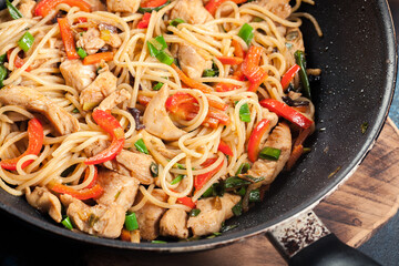 Chicken chow mein. Fried noodles with chicken and vegetables