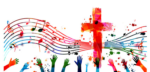 Colorful christian cross with music notes and hands isolated vector illustration. Religion themed background. Design for gospel church music, choir singing, concert, festival, Christianity, prayer