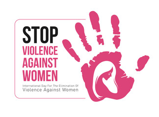 International Day For The Elimination Of Violence Against Woman banner - pink woman cry in hand stop sign - obrazy, fototapety, plakaty