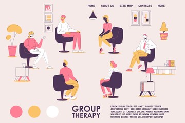 Group therapy landing page template. Various people consulting with psychologist sitting in circle. Pink and yellow colors, people at psychotherapy of various skin colors