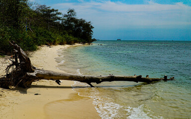 View of the beach and blue sky, white sand and tourists.