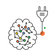 Human brain with electric plug outline icon. Flat style. Isolated on white background. 