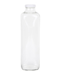 Empty glass bottle isolated on a white background. Clear bottle. Front view